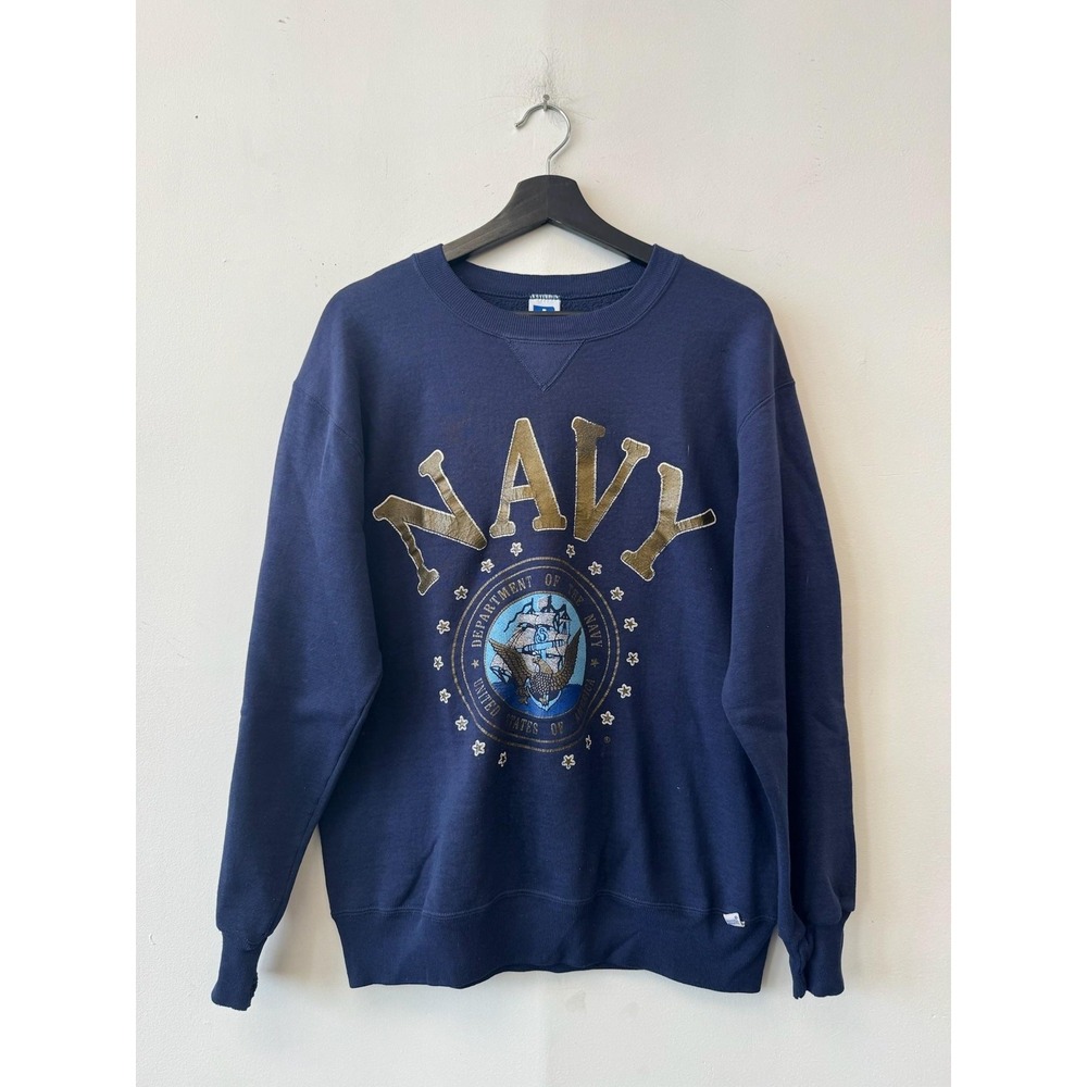 Vintage Russell Athletic Navy Sweatshirt Mens Medium Blue‎ Graphic Military 90s
